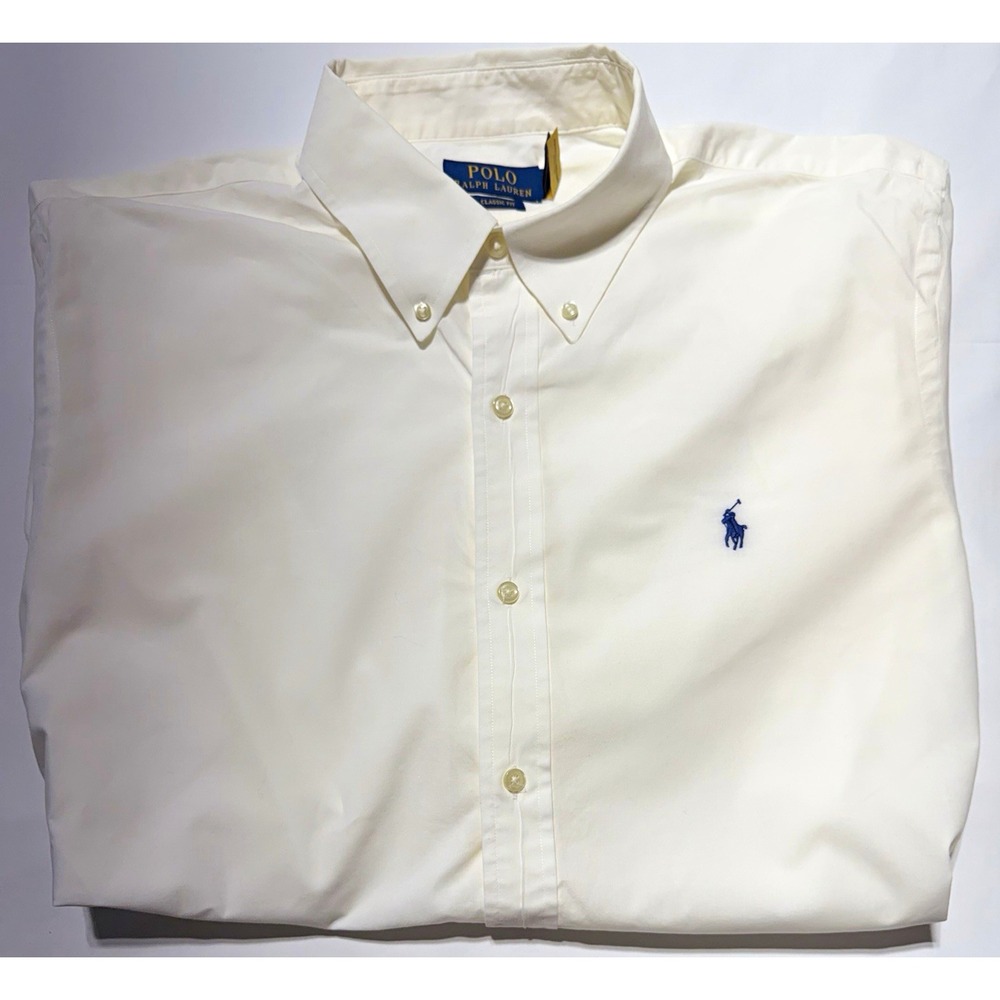 Polo Ralph Lauren Shirt Mens 16 1/2 White Solid Woven Cotton LS Button Down